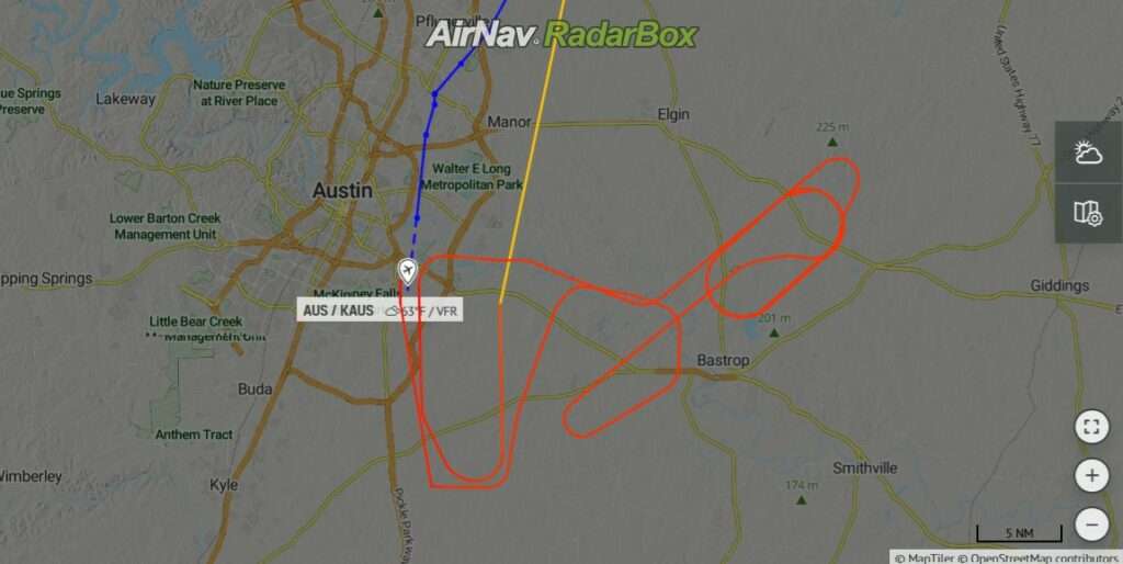 Flight track of United UA381 from Washington to Austin