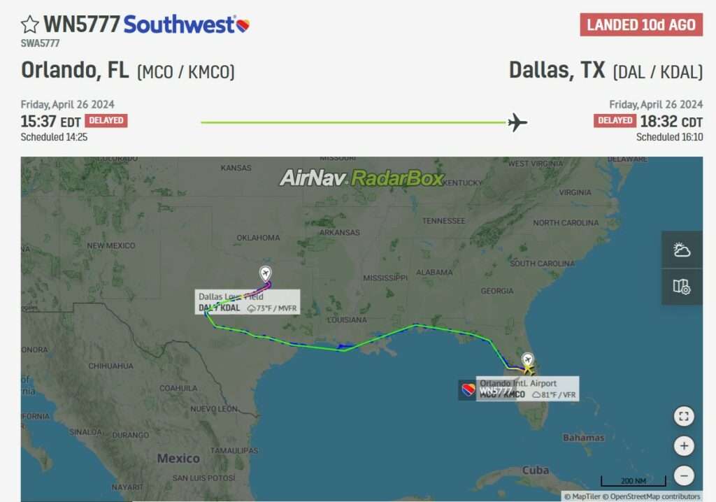 Flight track of Southwest Airlines flight WN5777 from Orlando to Dallas.