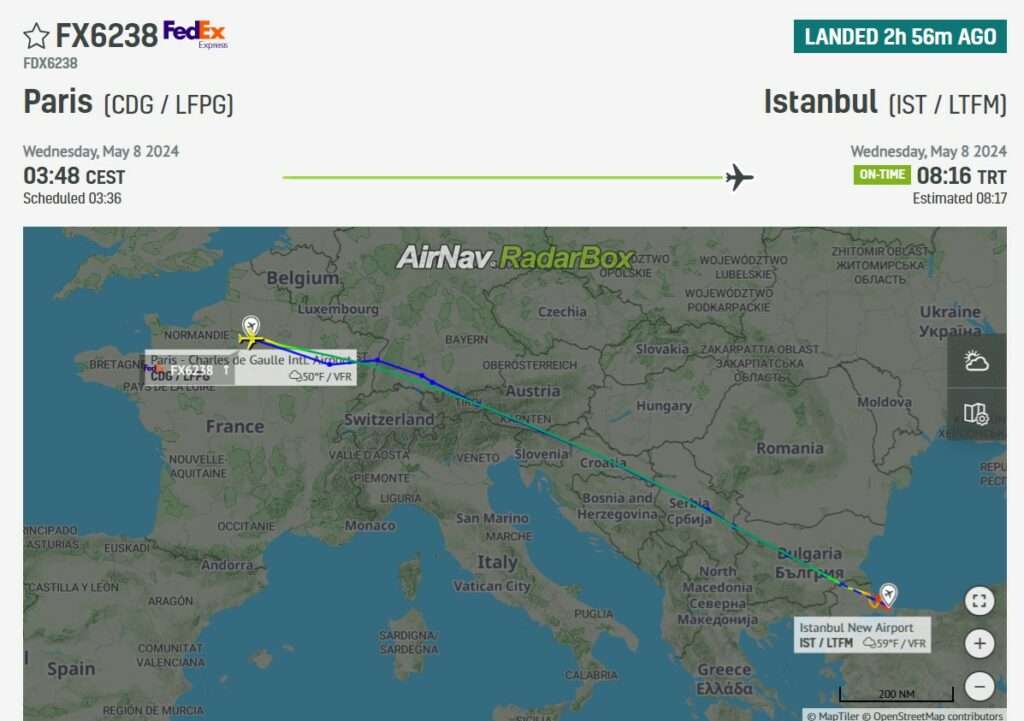 Flight track of FedEx Express FX6238 from Paris to Istanbul.