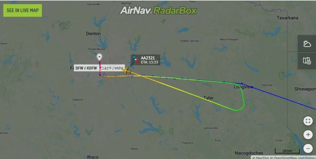 Flight track of American AA2321 from Dallas to Tampa, showing return to Dallas DFW.