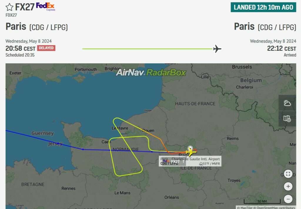 Flight track of FedEx FX27 Paris to Memphis, showing return to Paris.