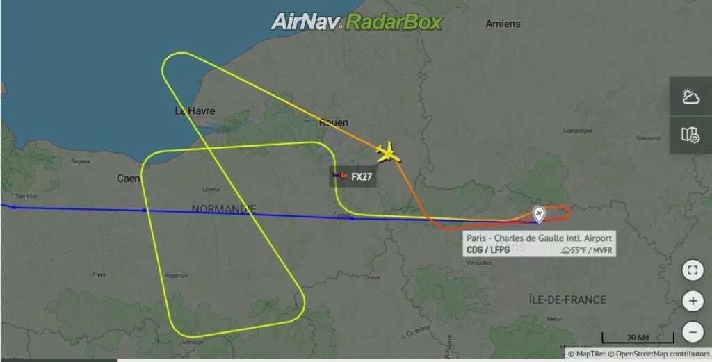 Flight track of FedEx FX27 Paris to Memphis, showing return to Paris.