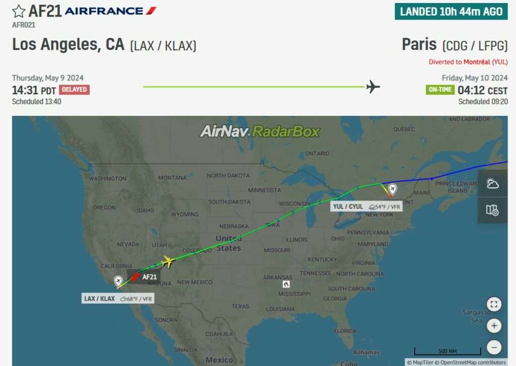 Flight track of Air France AF21 from Los Angeles to Paris showing diversion to Montreal.