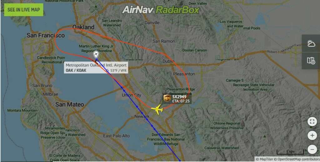 Flight track of UPS freighter from Oakland to Ontario showing return to Oakland after declaring emergency.