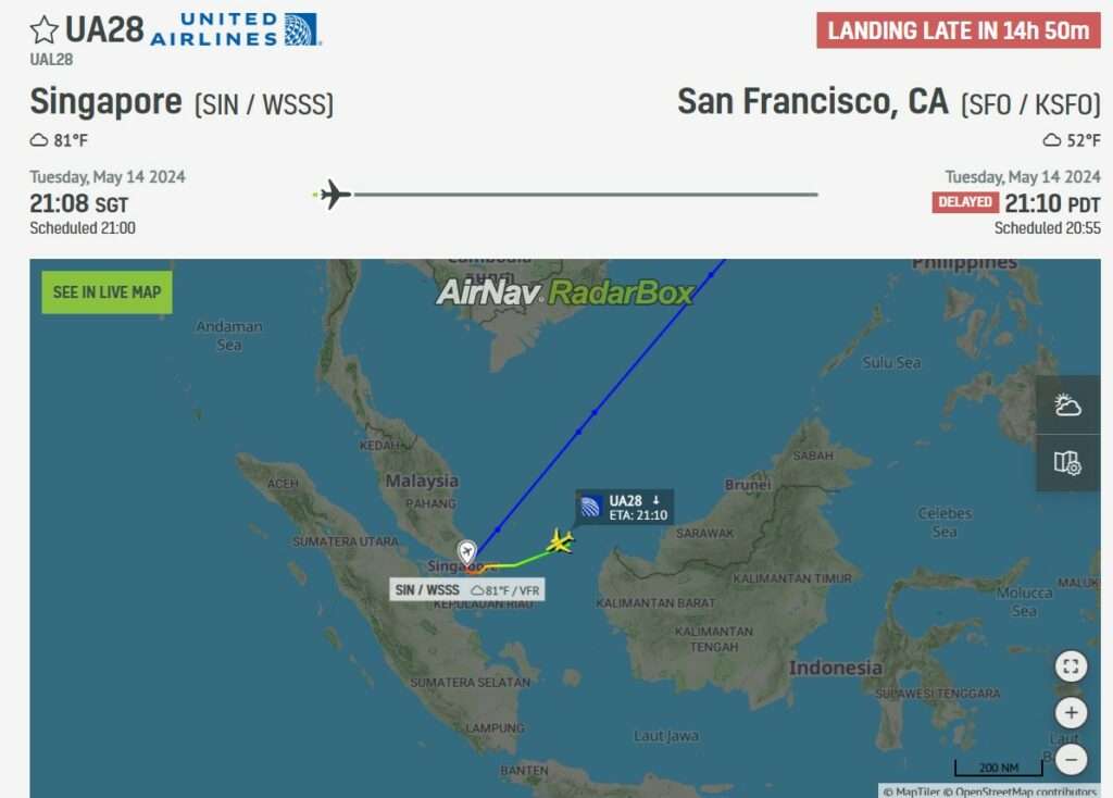 Flight track of United Airlines UA28 Singapore to San Francisco showing return to Singapore.