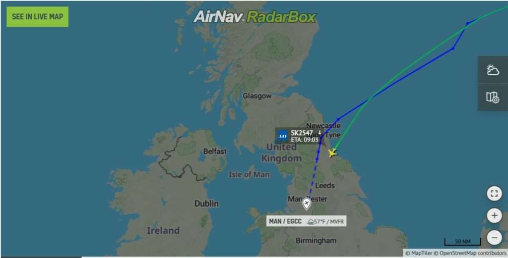 Flight track of SAS SK2547 from Stockholm to Manchester