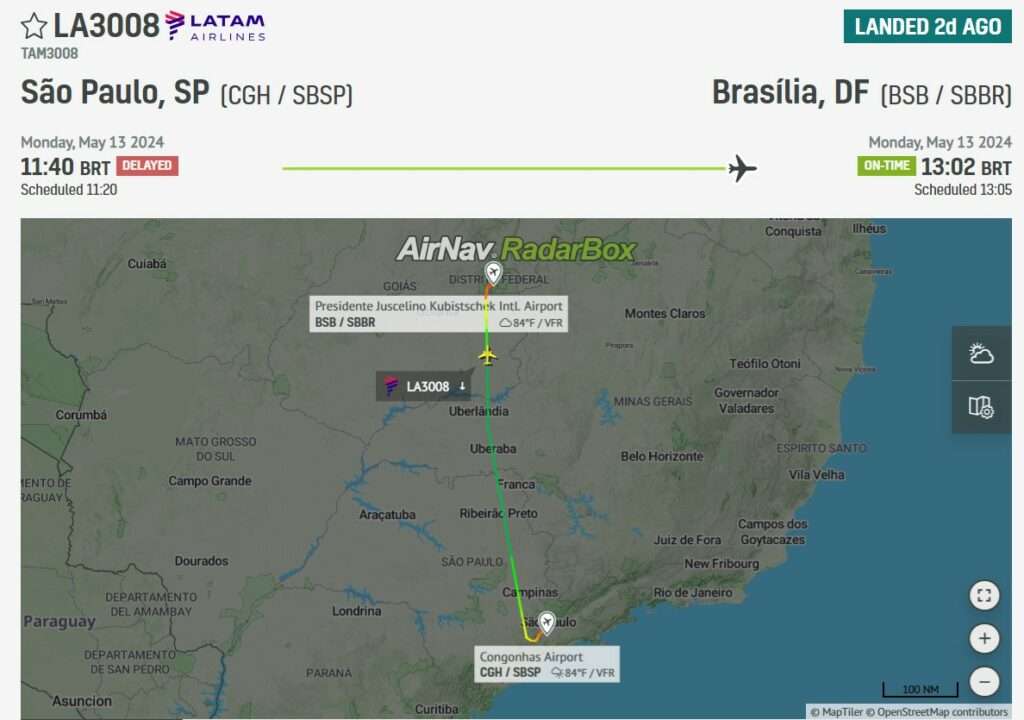 Flight track of LATAM Brasil flight LA3008