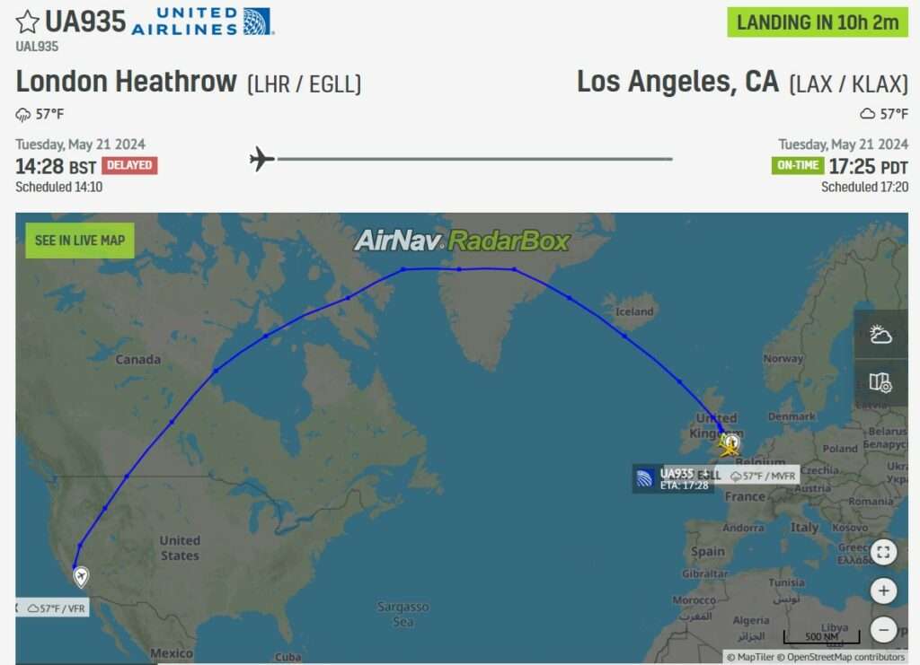 Flight track of United Airlines UA935 London to Los Angeles, showing return to London.