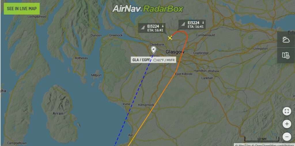 Flight track of Aer Lingus flight EI3224 Dublin to Glasgow.