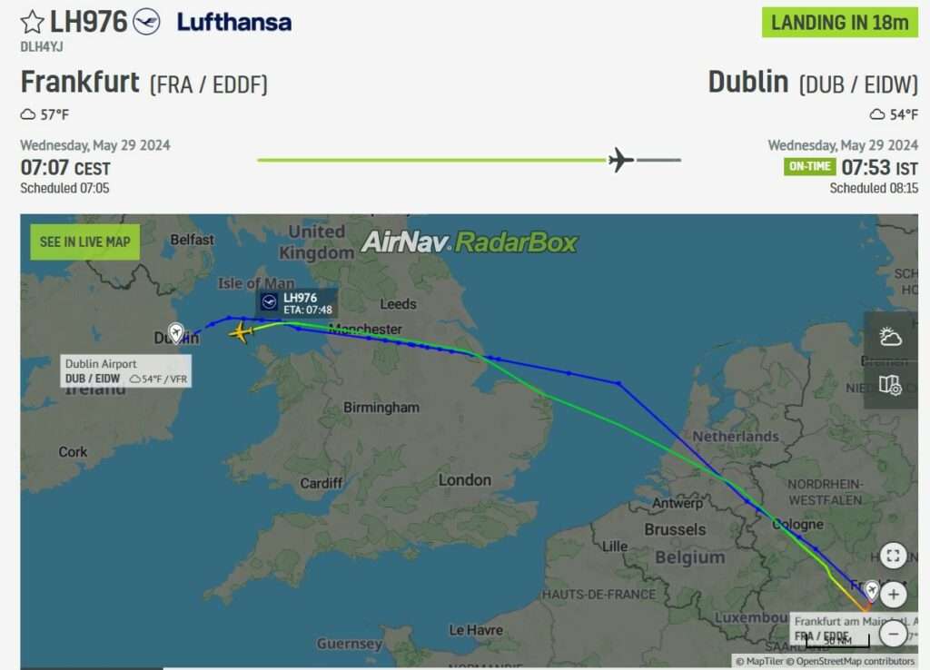 Lufthansa flight LH976 from Frankfurt has declared an emergency, squawking transponder code 7700 approaching the destination of Dublin