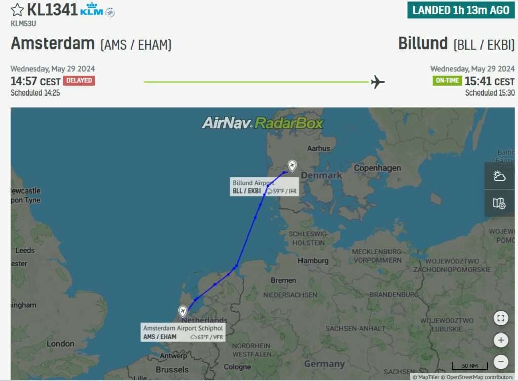 Flight path of KL1341 from Amsterdam Schiphol airport to Billund Airport