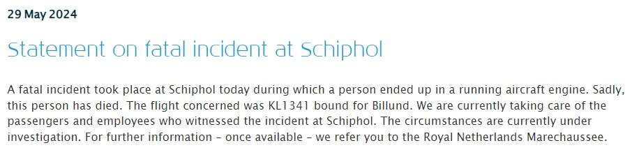 Statement by Amsterdam Schiphol airport