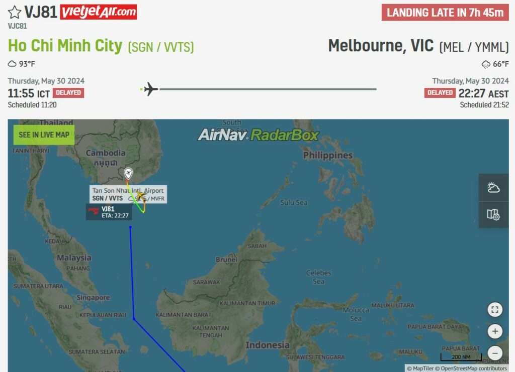 Flight track of VietJet VJ81 showing return to Ho Chi Minh City