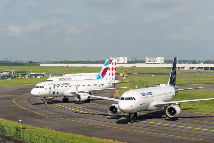 4 Lufthansa Group in special 'Yes to Europe' livery parked together.