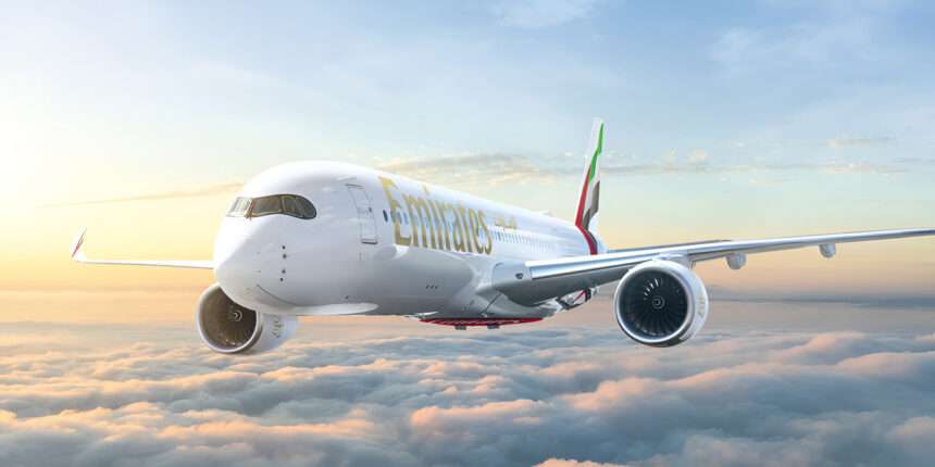 Render of an Emirates Airbus A350 in flight