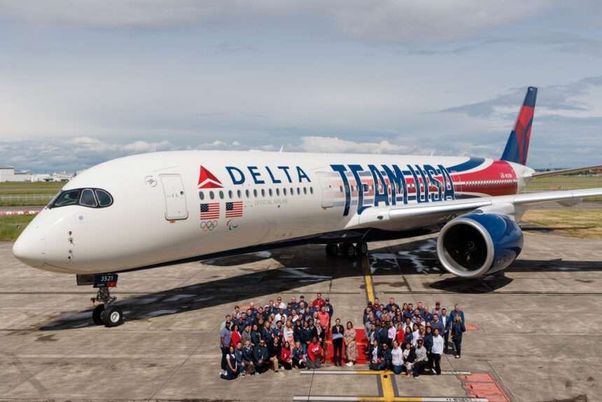 A Delta Air Lines A350 jet in Team USA livery.