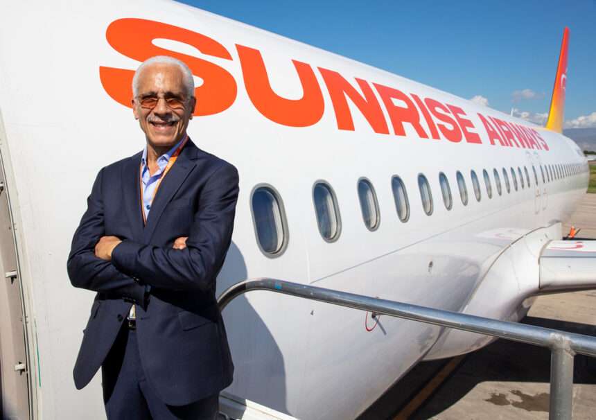 Chairman Philippe Bayard with Sunrise Airways aircraft.