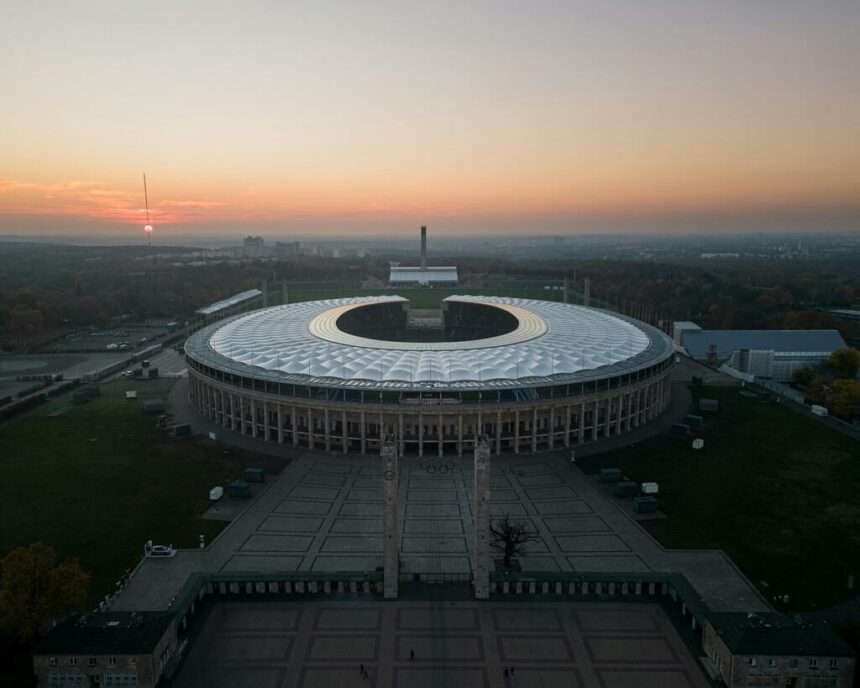 EURO 2024: View of Berlin Stadium at dusk.