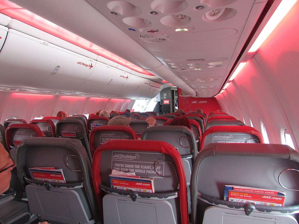 Passenger cabin interior of a Jet2 aircraft
