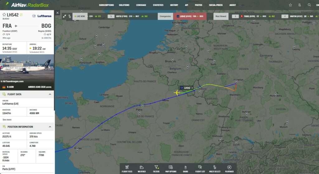 In the last few moments, a Lufthansa Airbus A340 bound for Bogota has declared an emergency during the climb-out from Frankfurt.