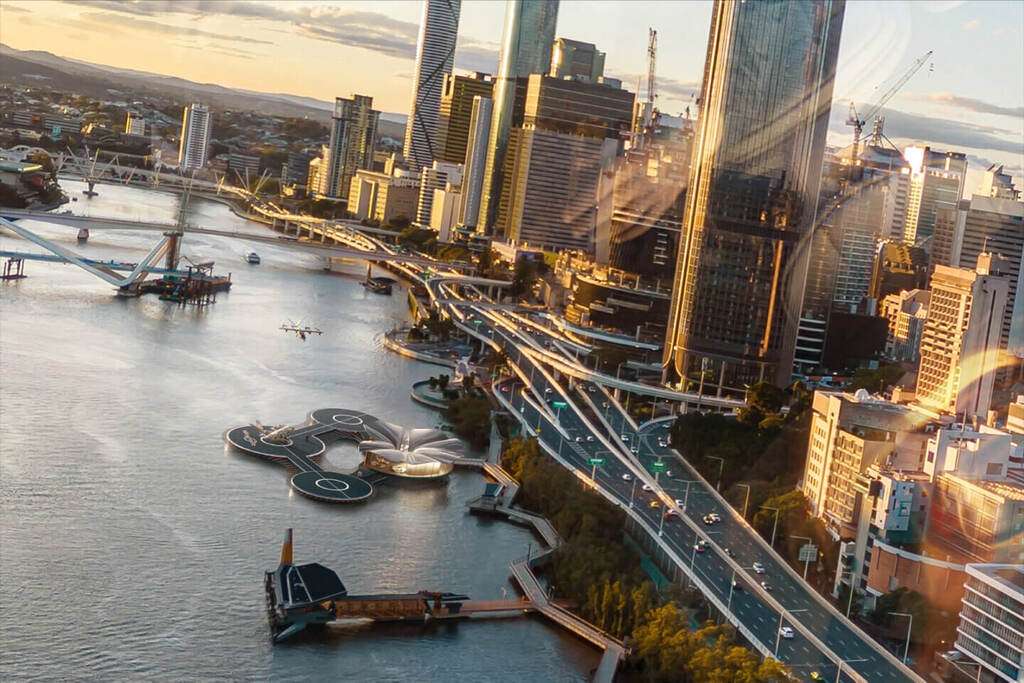Render of new Skyportz waterfront vertiport design for Brisbane.