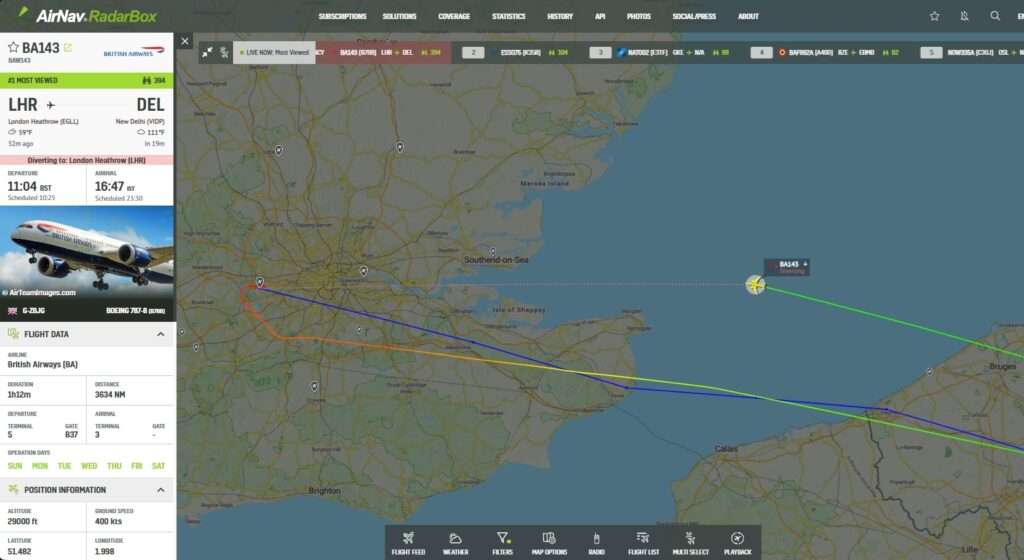 In the last few moments, a British Airways Boeing 787 bound for Delhi has declared an emergency and is returning to London.