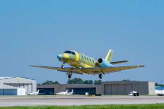 The second Cessna Citation Ascend test aircraft takes off.