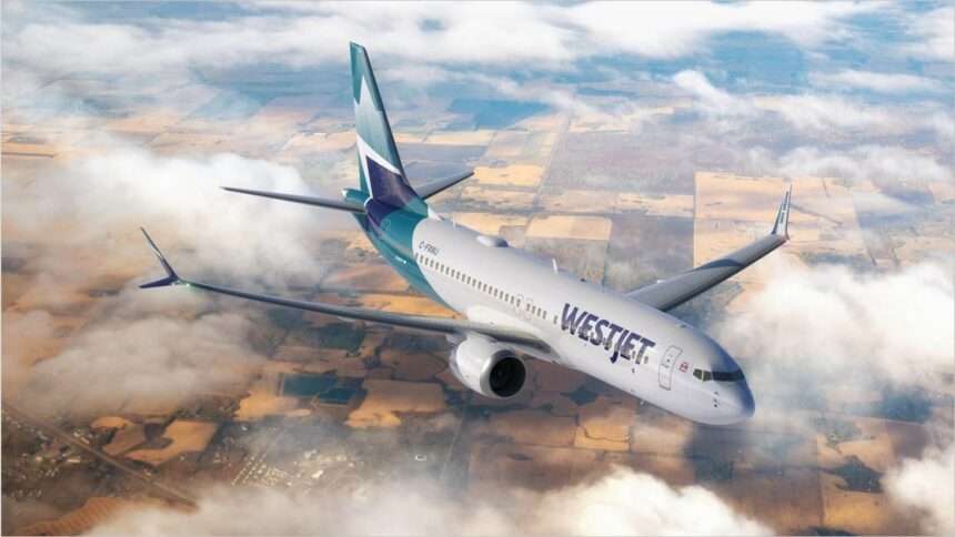 A WestJet Boeing 737 MAX aircraft in flight.