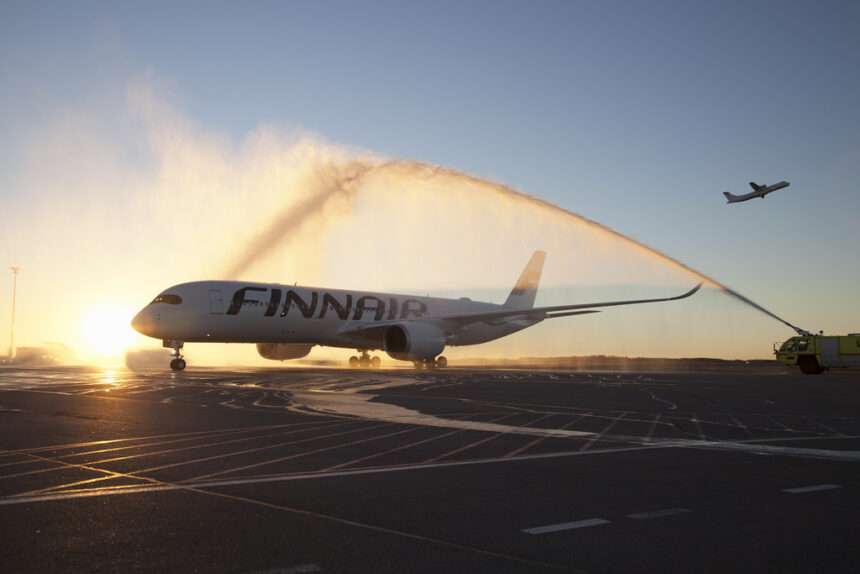 A Finnair A350 receives a water cannon salute.