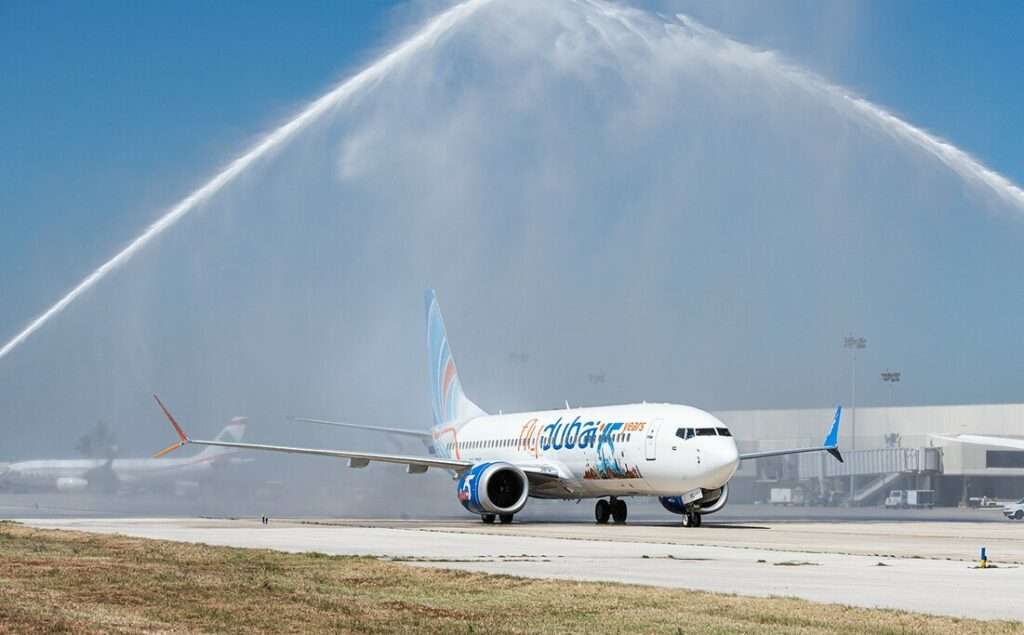 flydubai aircraft in custom Beirut livery receives water cannon salute.