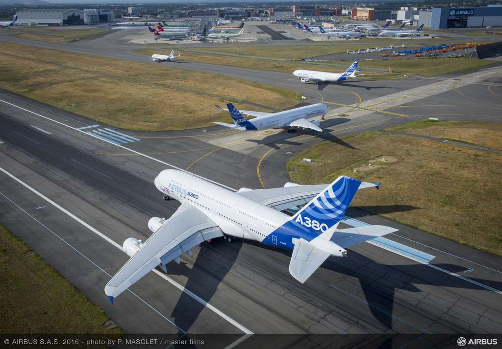 Airbus A380 lines up for takeoff.