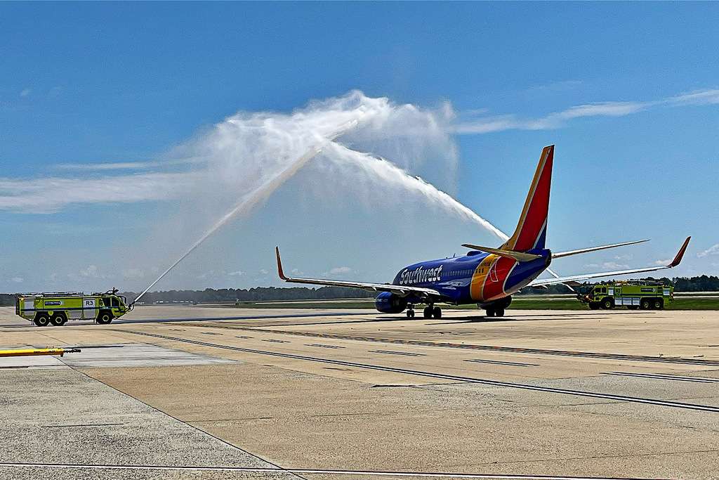 A Southwest Airlines 737 gets a water cannon salute at Richmond International Airport