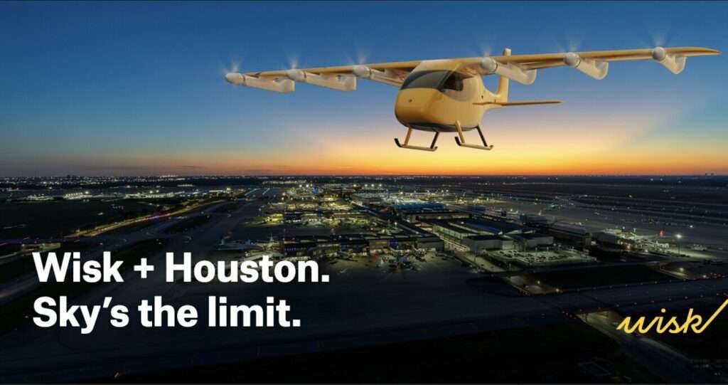 Render of a Wisk Aero air taxi flying over the Greater Houston Region.