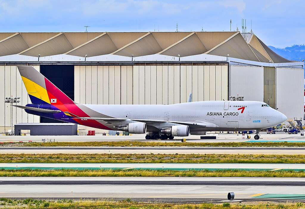 An Asian Airlines 747 cargo freighter on the taxiway.