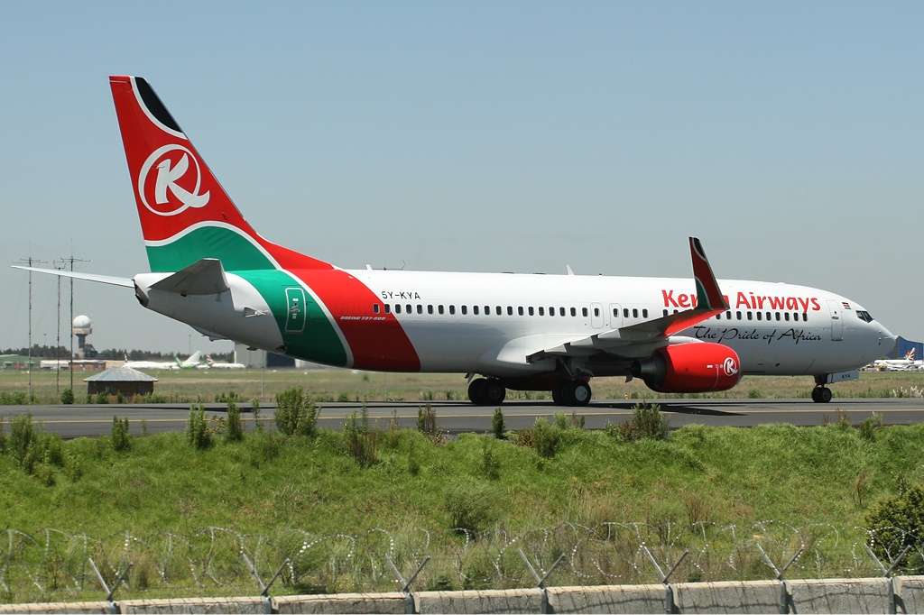 A Kenya Airways 737-800 on the taxiway.