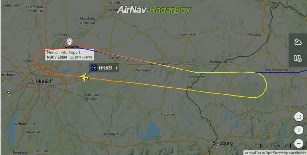 Flight track of Lufthansa flight LH1622 showing return to Munich.