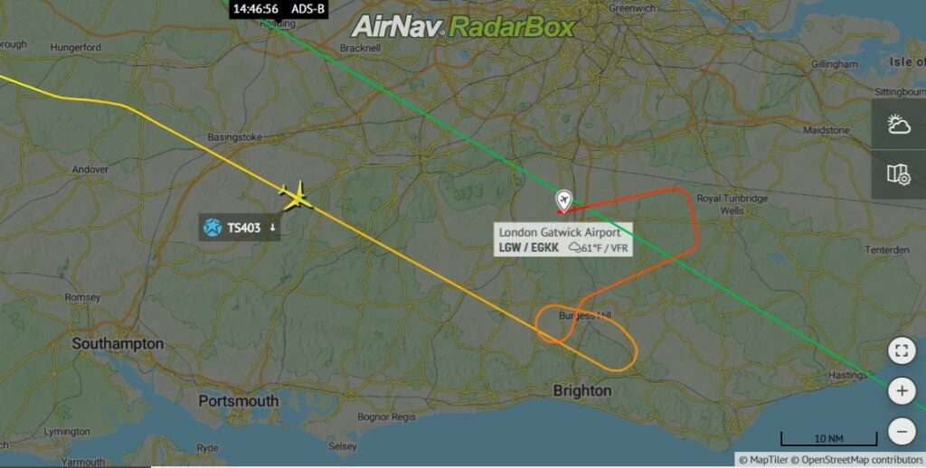Flight track of Air Transat TS403 from Rome to Montreal showing diversion to London Gatwick