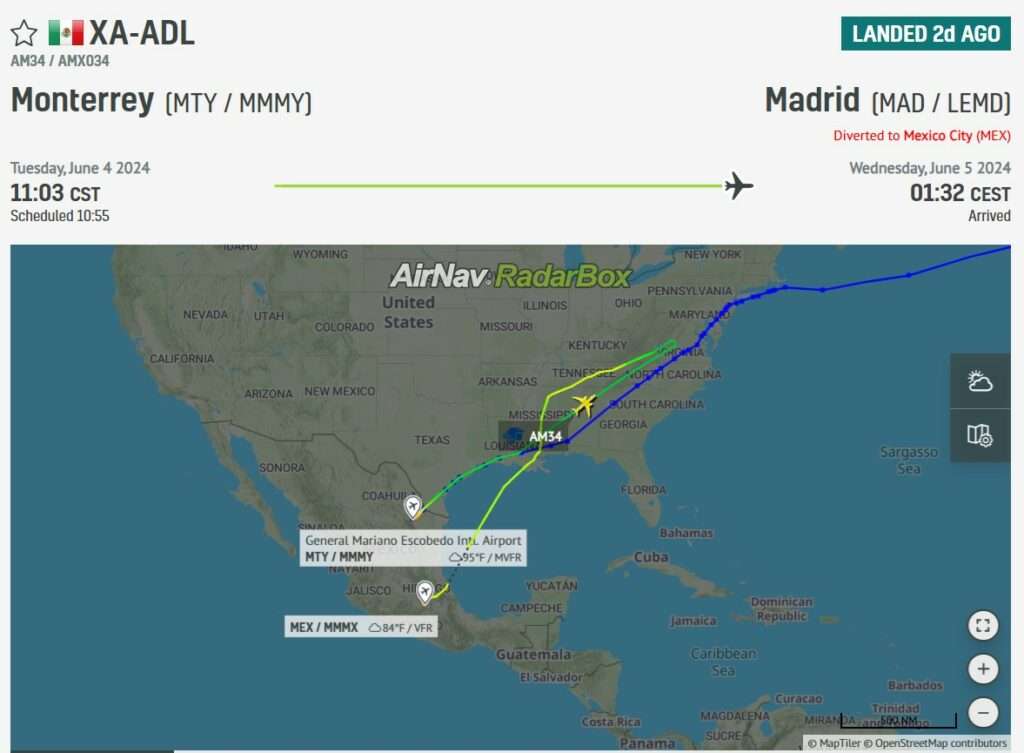 Flight track of Aeromexico AM34 from Monterrey to Madrid, showing diversion to Mexico City