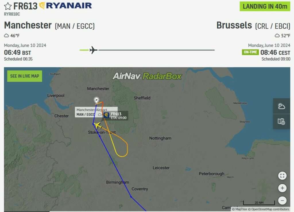 Flight track of FR613 after Ryanair declares emergency and returns to Manchester.