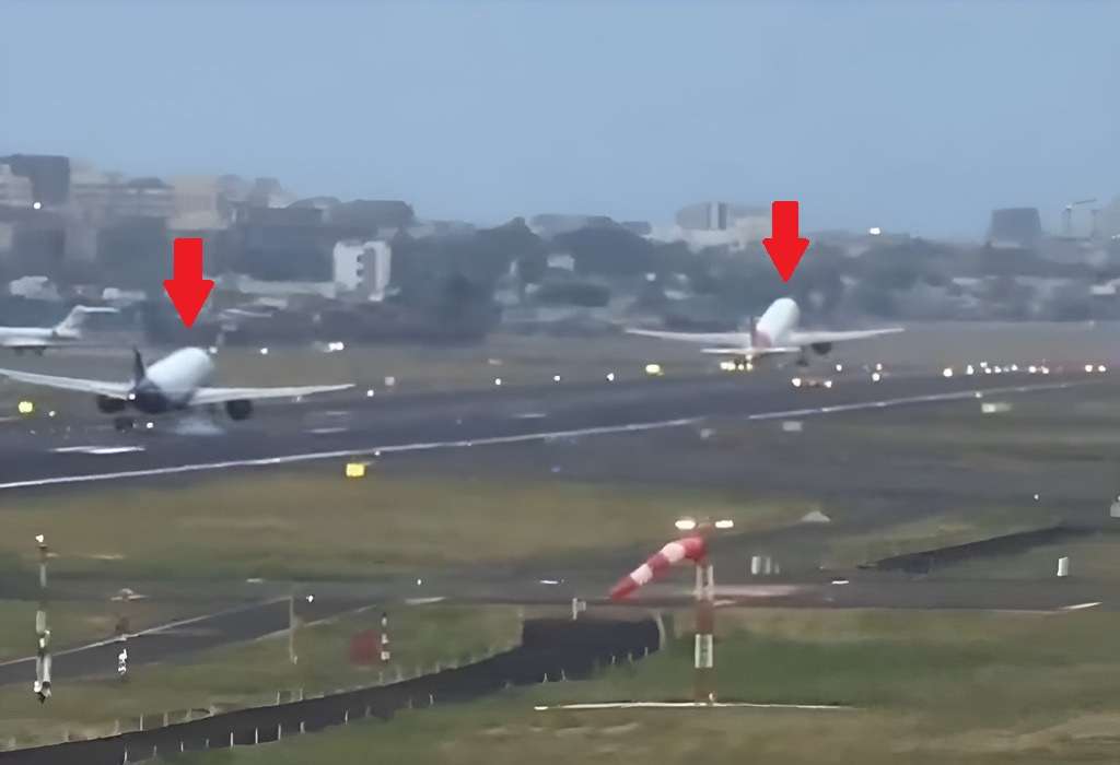 Screenshot on incident at Mumbai with IndiGo aircraft landing behind departing Air India flight.