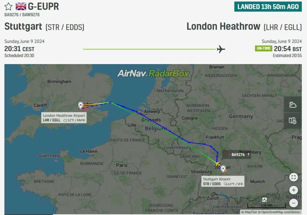 Flight track of British Airways flight BA921 from Stuttgart to London