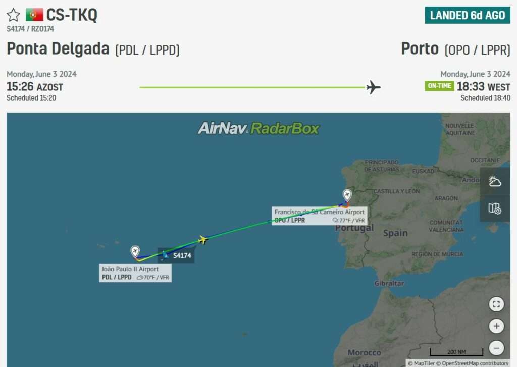 Flight track of Azores Airlines flight Ponta Delgada to Porto.