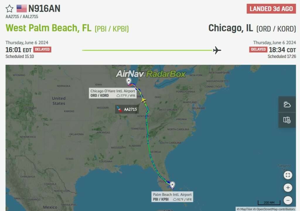Flight track of American Airlines AA2715 from palm Beach to Chicago ORD.
