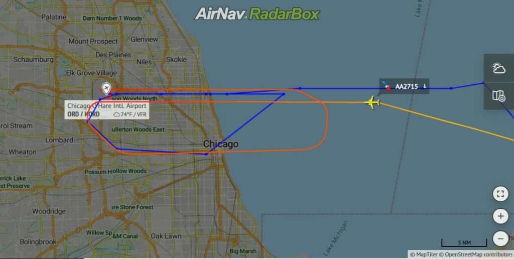 Flight track of American Airlines AA2715 from Palm Beach to Chicago ORD showing first approach.