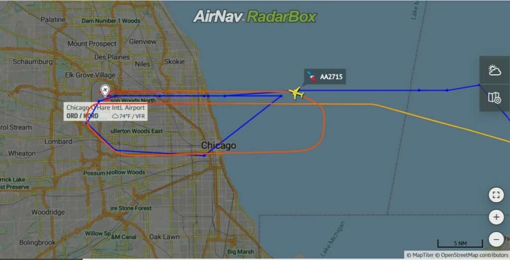 Flight track of American Airlines AA2715 from Palm Beach to Chicago ORD showing second approach