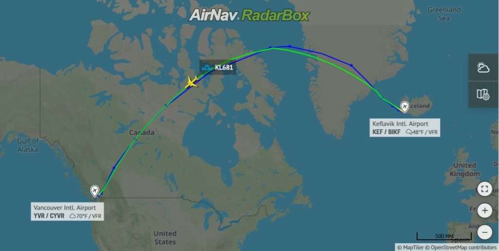 Track of KLM flight KL681 from Amsterdam to Vancouver, showing onwards flight from Reykjavik to Vancouver.