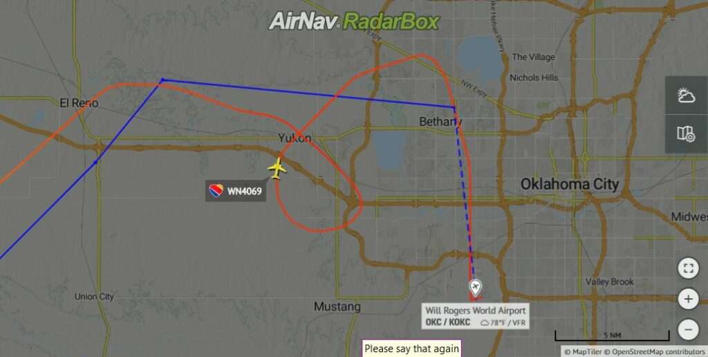 Flight track of Southwest Airlines WN4069 showing low approach over Oklahoma City