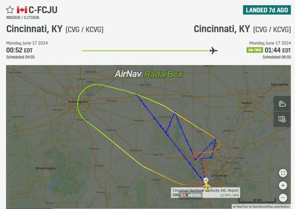 Flight track of Cargojet W81926 showing return to Cincinnati.