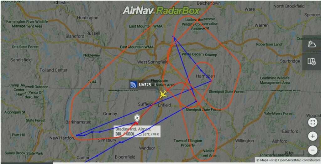 Flight track of United Airlines UA325 showing return to Hartford, CT.