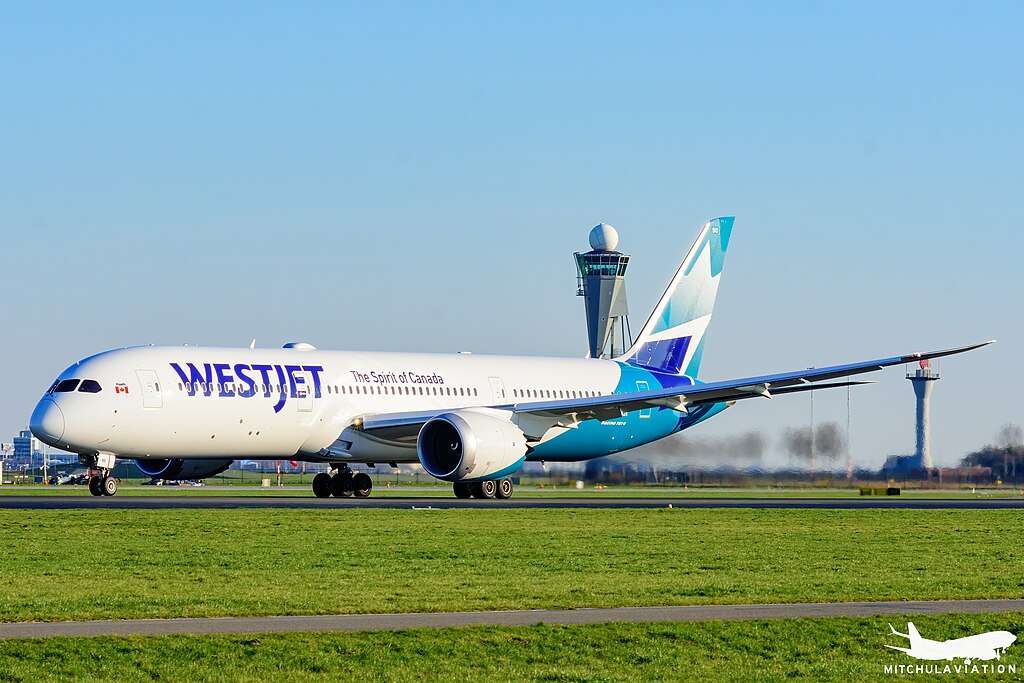 A WestJet Boeing 787 on the taxiway after landing.